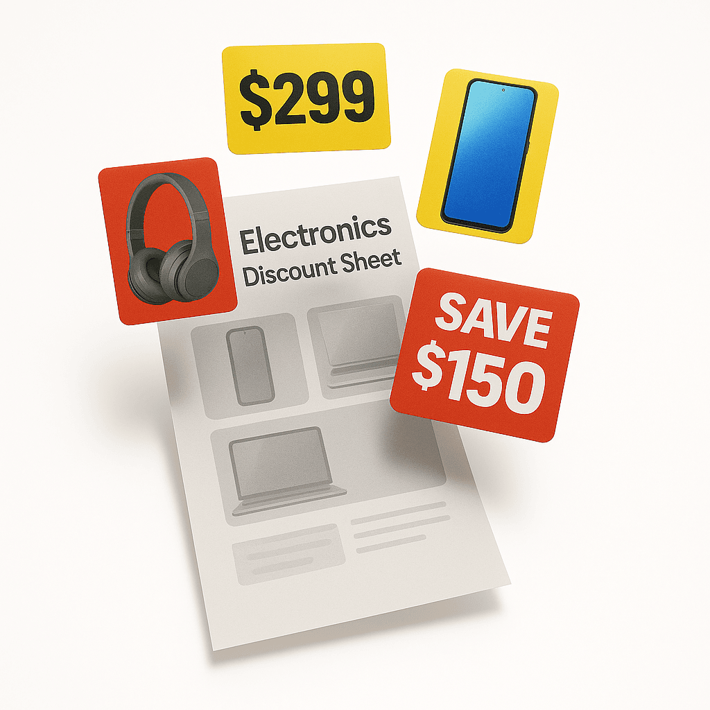 Electronics leaflet showing discounted tech products